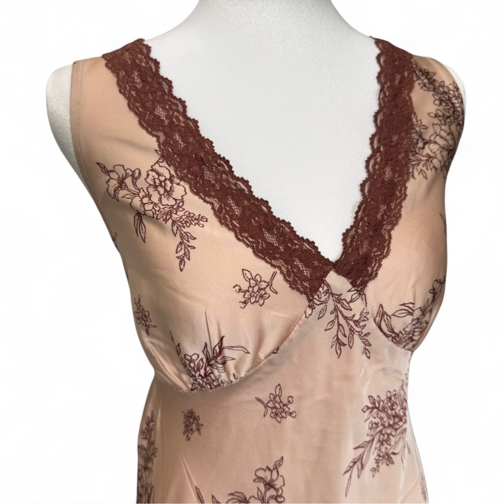 Pink Floral Satin Lace Trim Midi Dress Romantic Coquette NWT Slip Blush - Picture 7 of 9